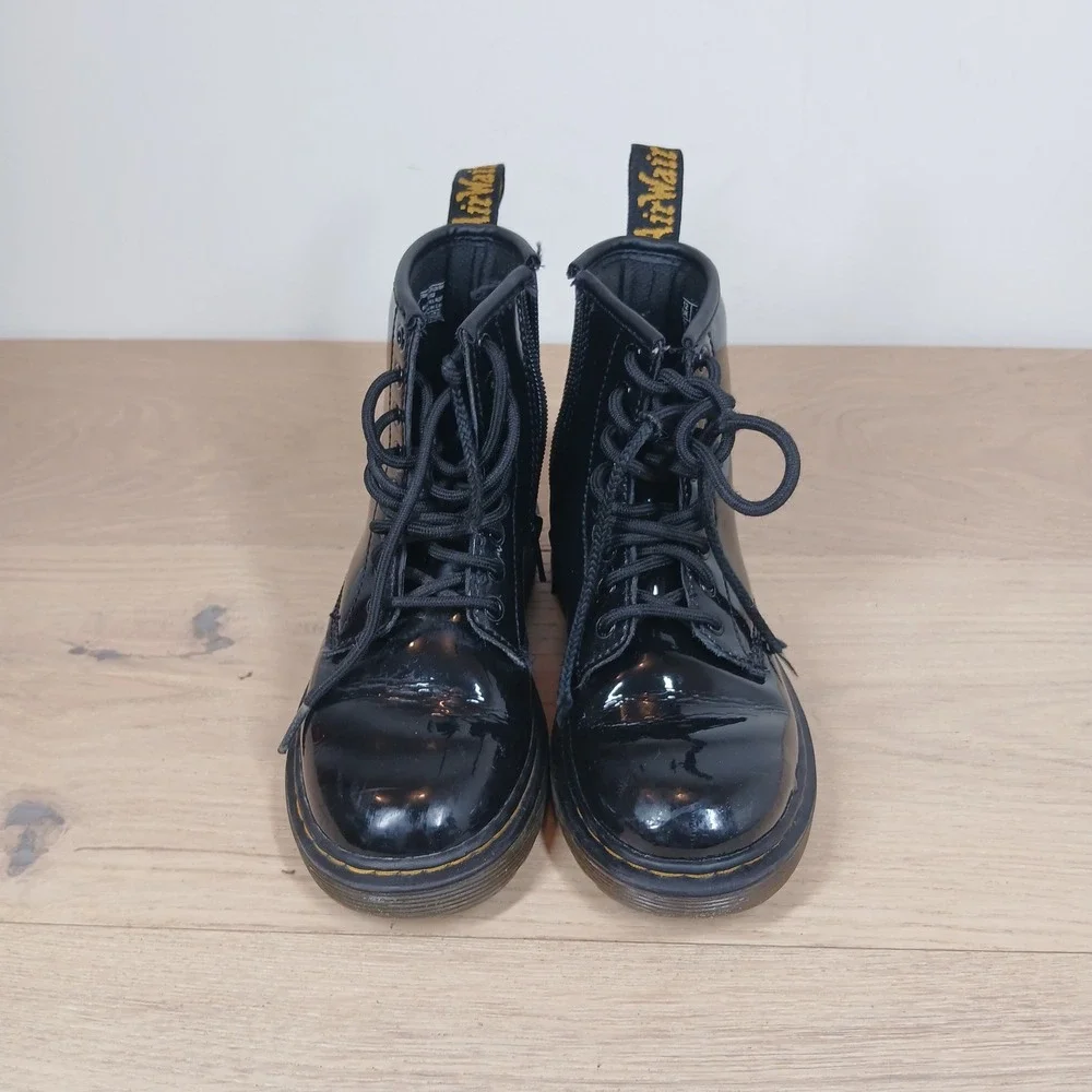 Dr. Martens Delaney Boots Kids 13 Black Patent Leather Lace Up Side Zip Combat